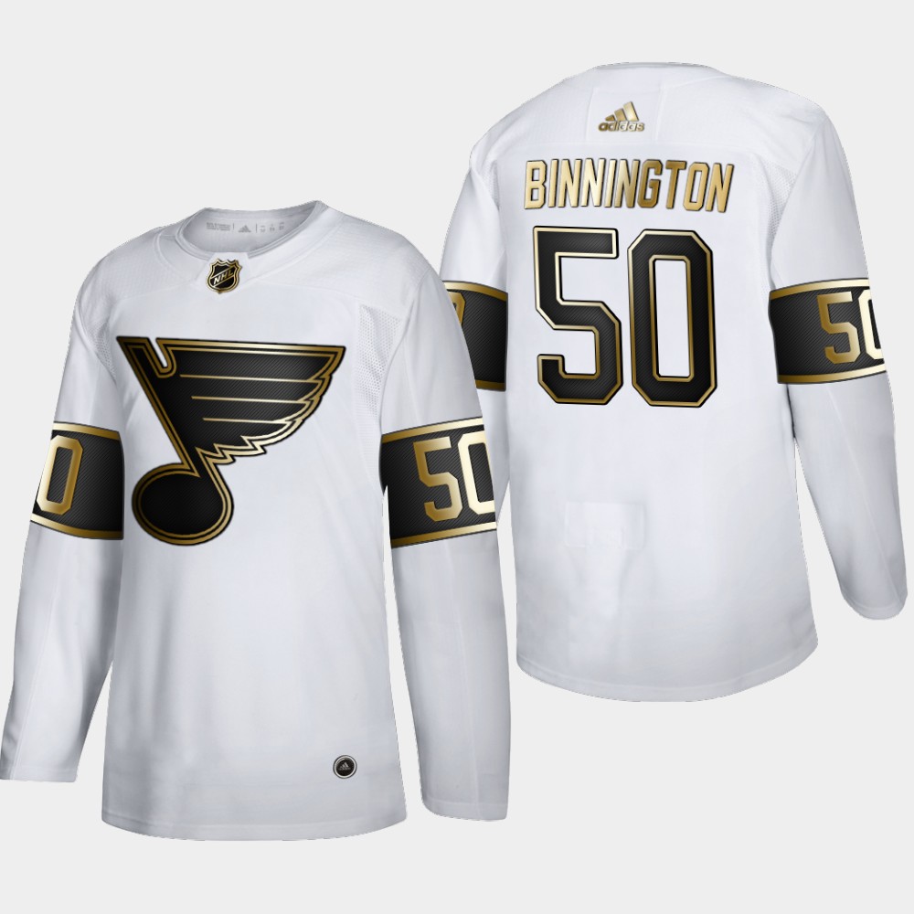Cheap St. Louis Blues 50 Jordan Binnington Men Adidas White Golden Edition Limited Stitched NHL Jersey